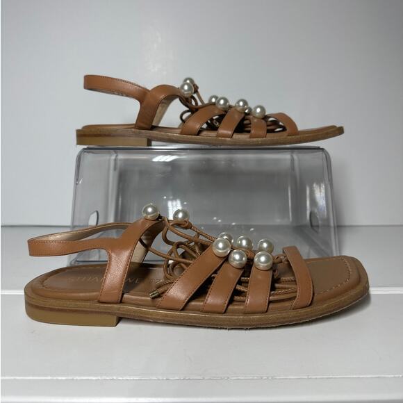 Stuart Weitzman Goldie Lace Up Pearly Leather Ankle-Tie Flat Sandals Tan Size 8 - Picture 4 of 12